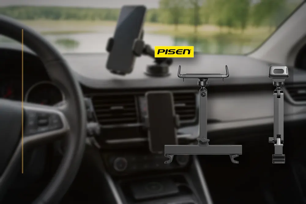 PISEN Rear Row Tablet and Phone Metal Holder TP-CZ05 in a practical holder setup