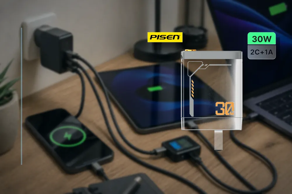 PISEN 30W Gallium Nitride Retractable Cable Charger TP-C82 in a practical charger setup