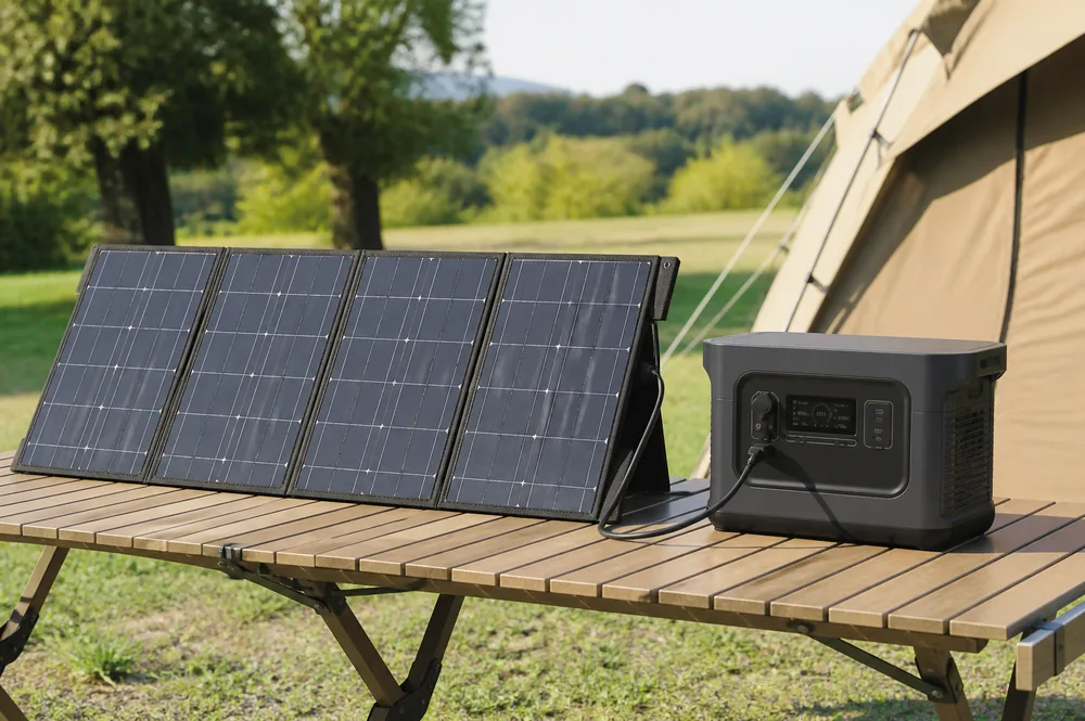 Illustration of folding solar panels connected to a portable power station on an outdoor table