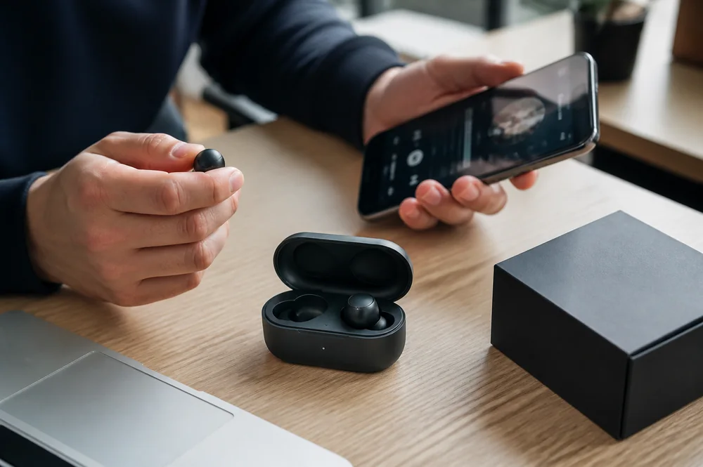 Wireless earbuds and charging case being tested beside a smartphone in a retail workspace