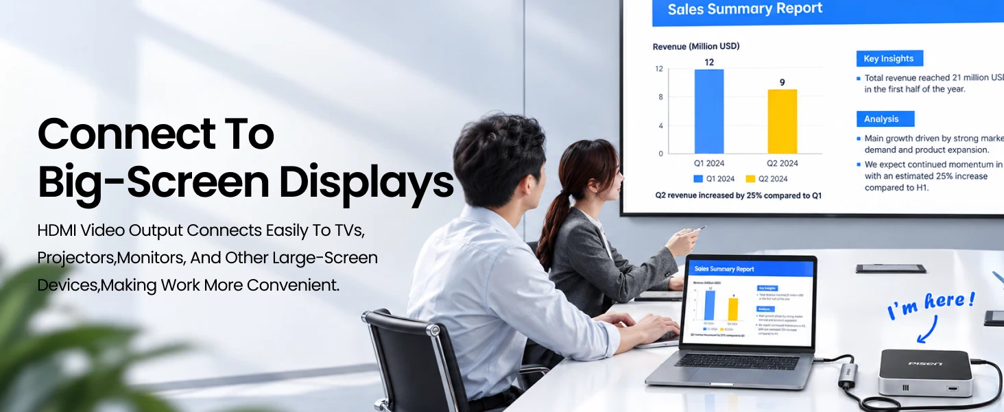 PISEN PGM-HB01 USB-C hub - hub connected to a large display