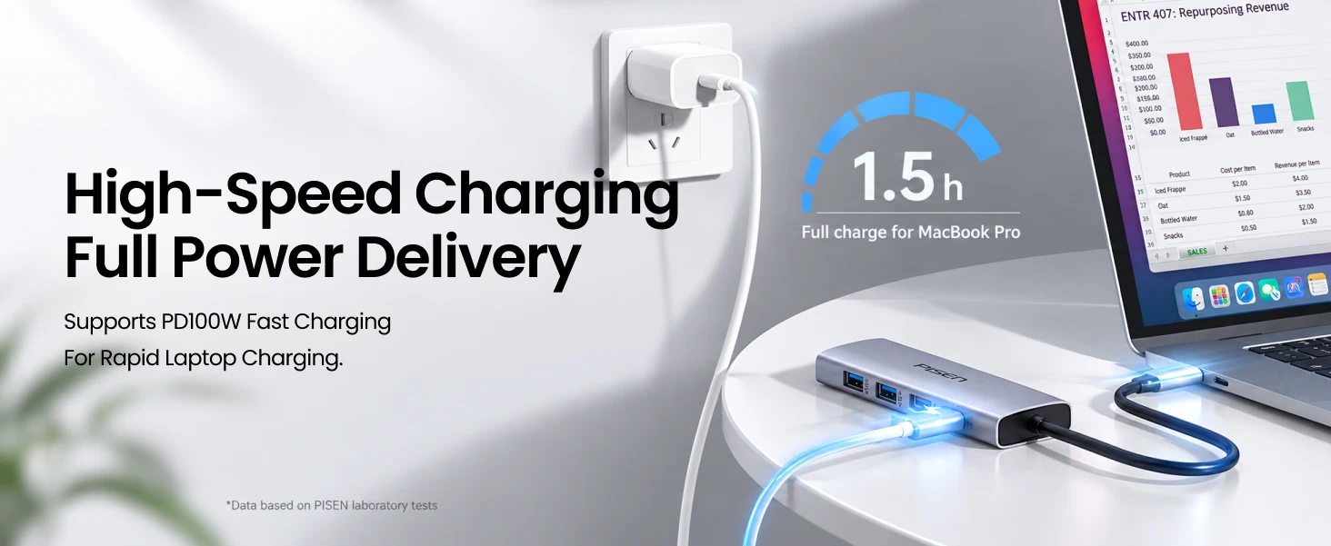 PISEN PGM-HB01 USB-C hub - hub charging a laptop
