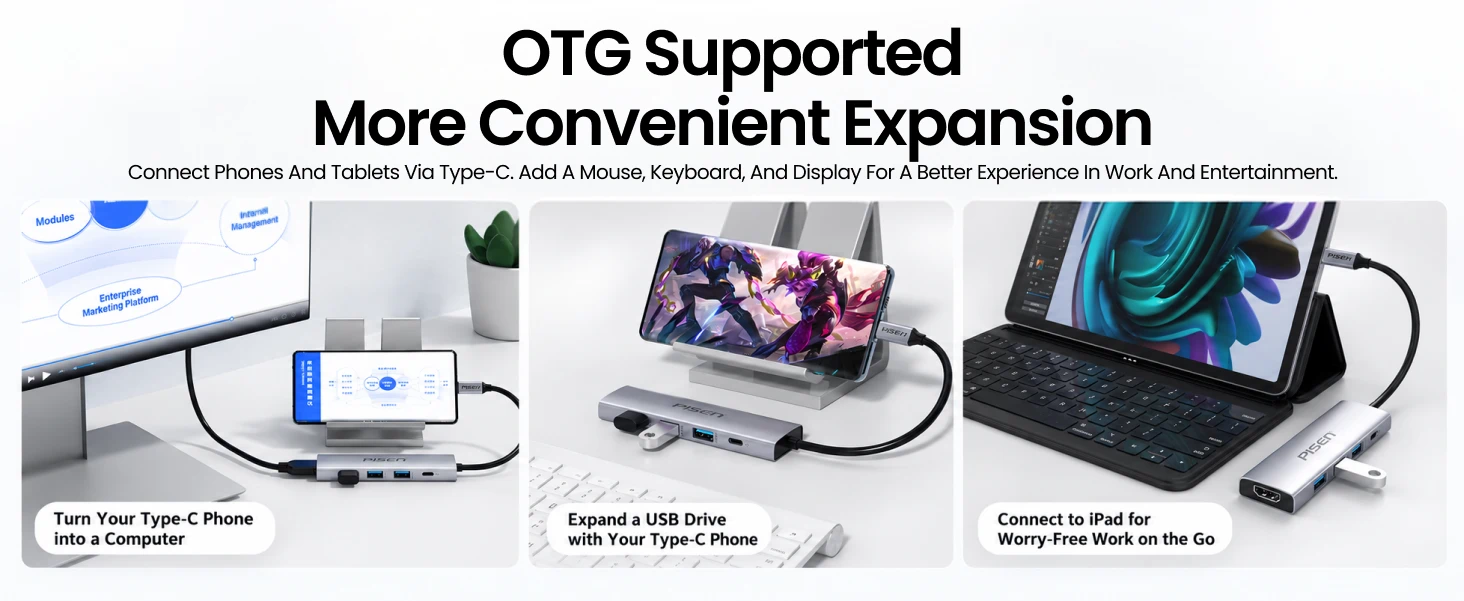 PISEN PGM-HB01 USB-C hub - phone and tablet expansion examples
