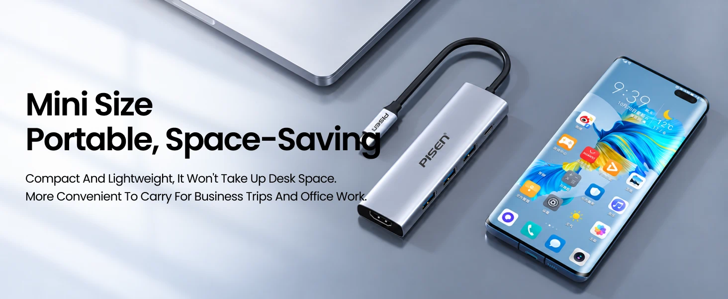PISEN PGM-HB01 USB-C hub - hub beside a phone and laptop