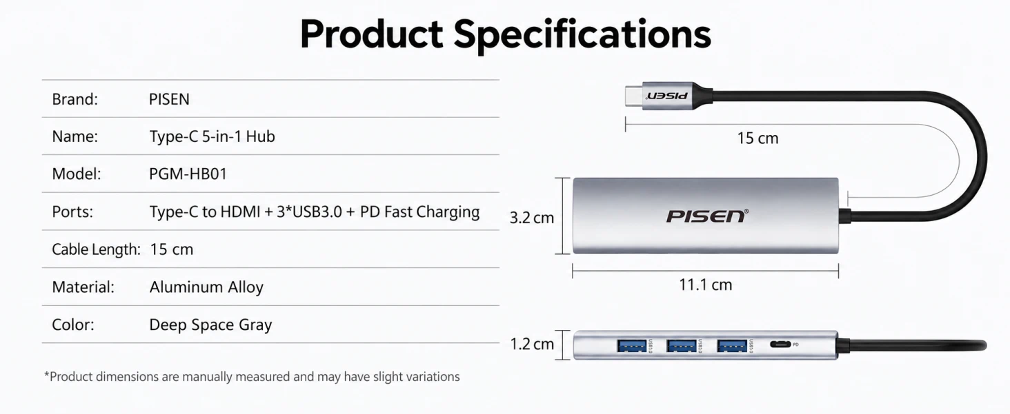 PISEN PGM-HB01 USB-C hub - hub specification table