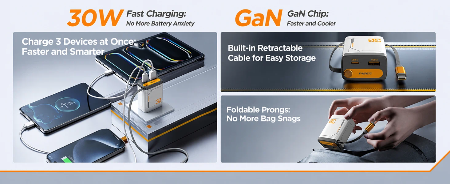 PISEN TP-C82 retractable cable charger - charger feature overview