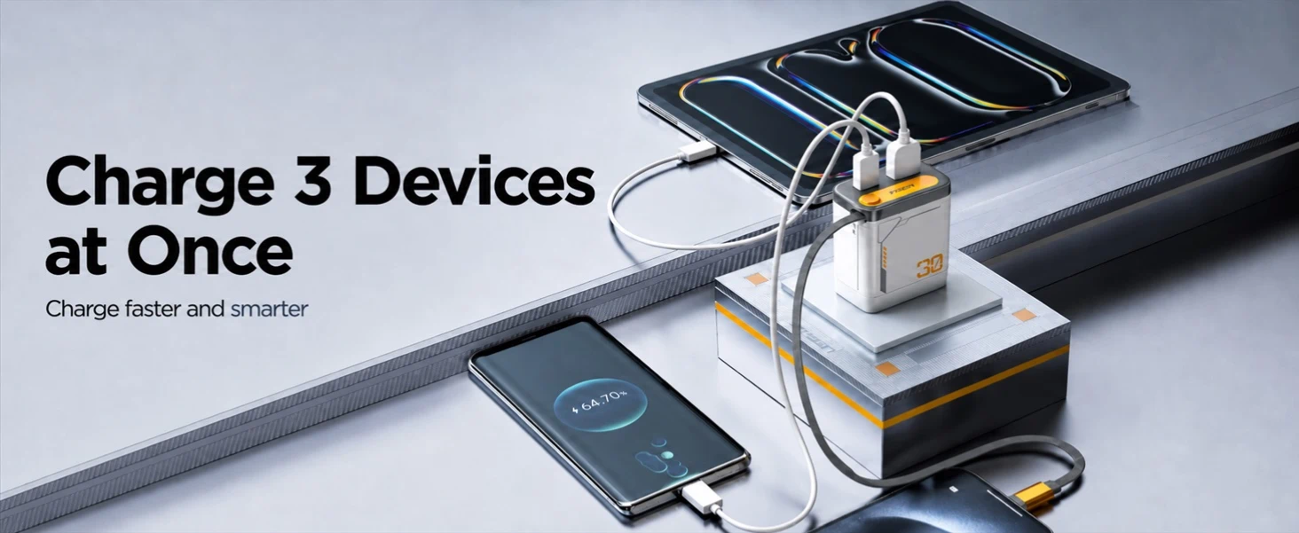 PISEN TP-C82 retractable cable charger - charger connected to three devices