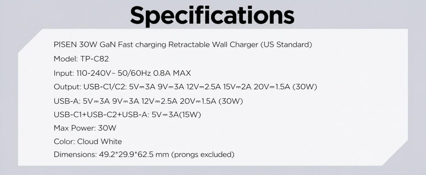 PISEN TP-C82 retractable cable charger - charger specification table
