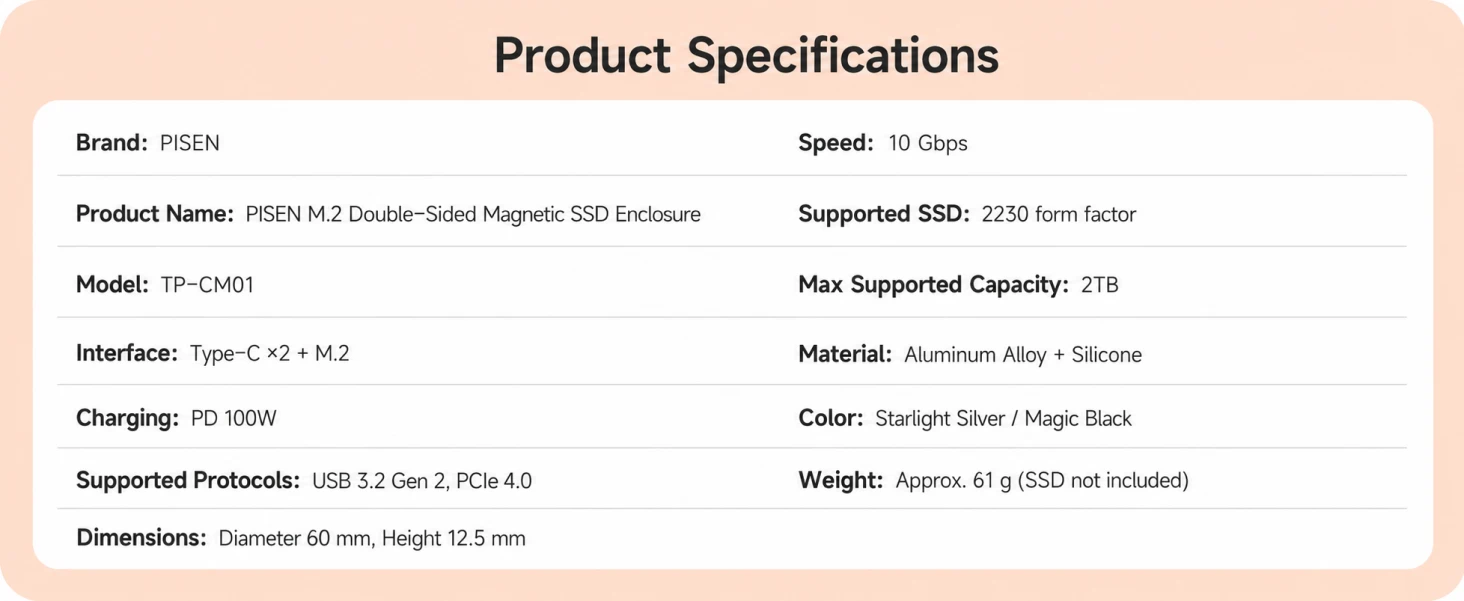 PISEN TP-CM01 M.2 drive enclosure - drive enclosure specification table