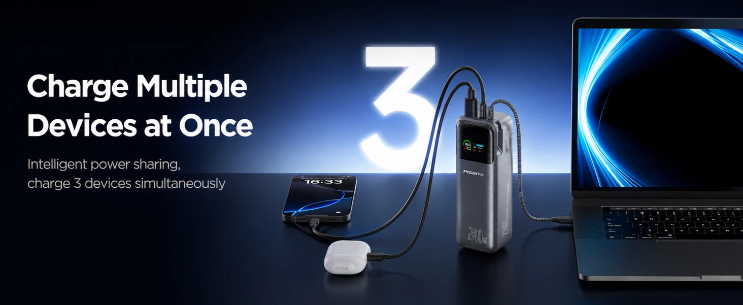 PISEN TP-D106 power bank - power bank connected to three devices