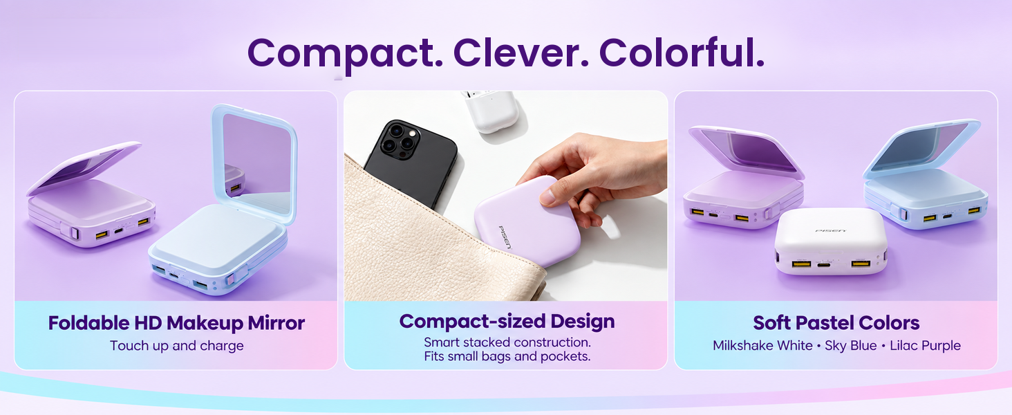 PISEN TP-D275 mirror power bank - folding mirror and color options