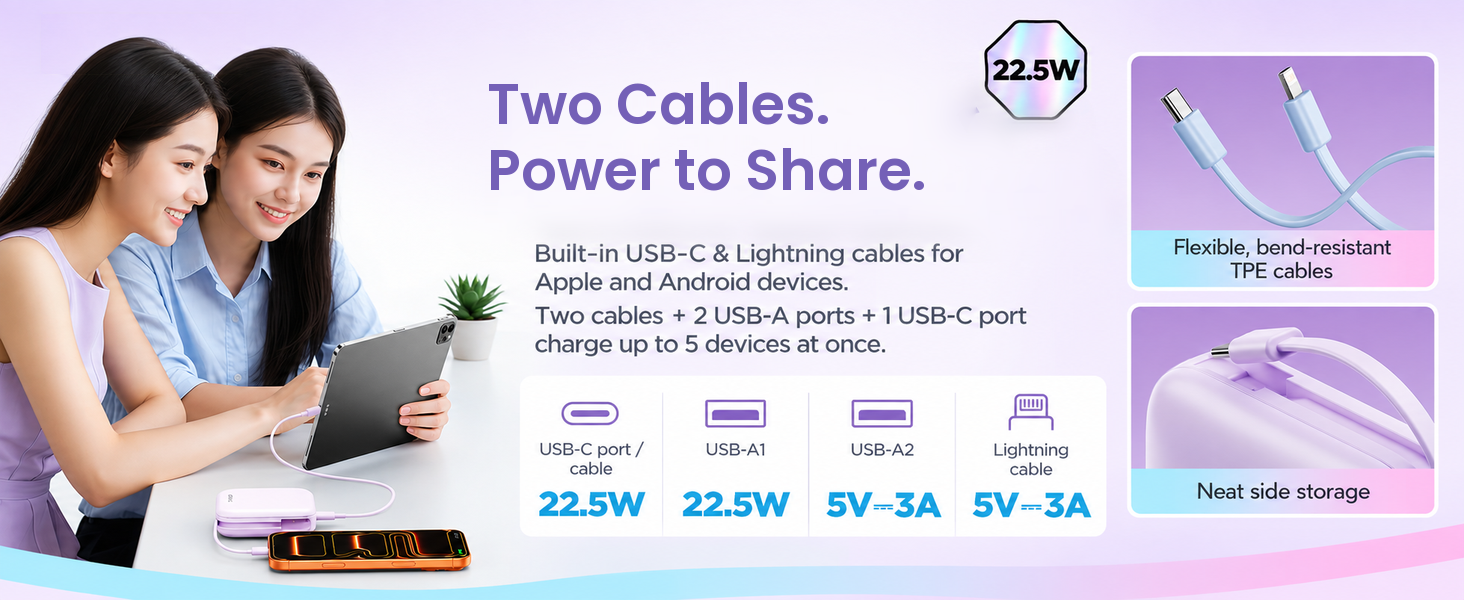 PISEN TP-D275 mirror power bank - dual built-in charging cables
