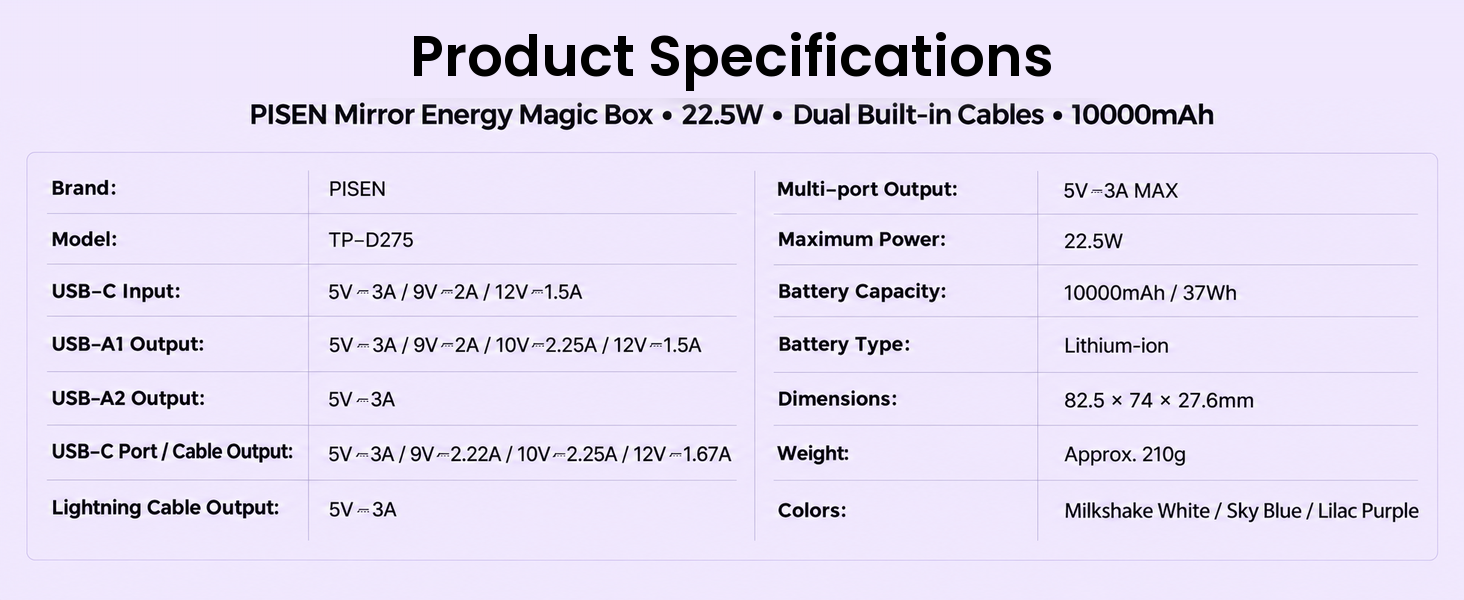 PISEN TP-D275 mirror power bank - power bank specification table