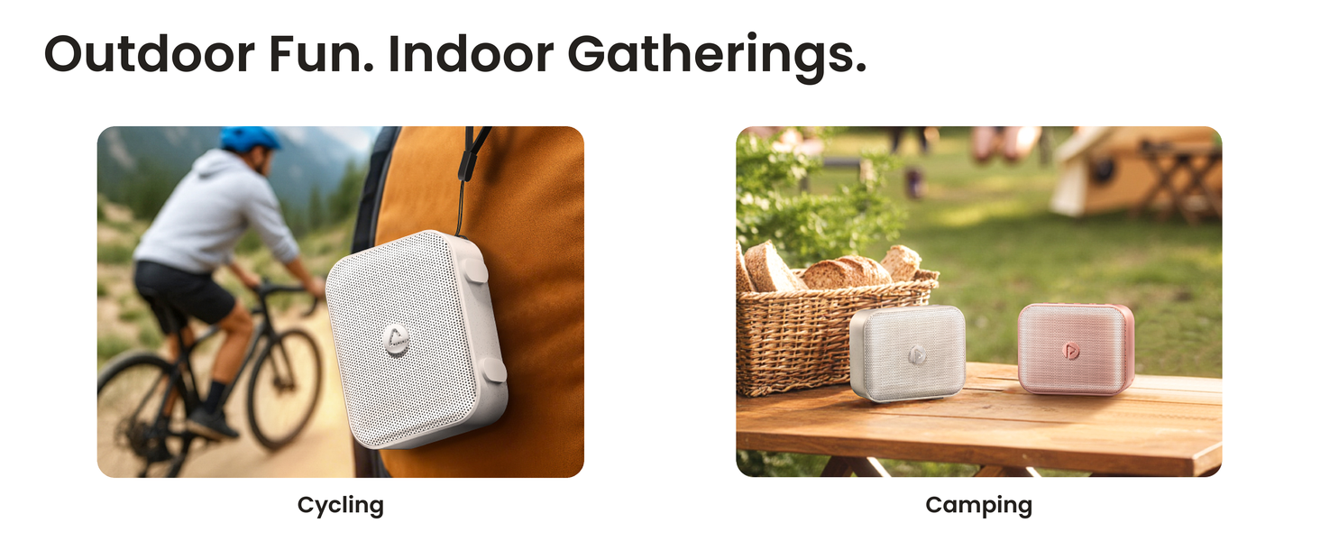 PISEN TP-YX02 outdoor Bluetooth speaker - cycling and camping-use examples