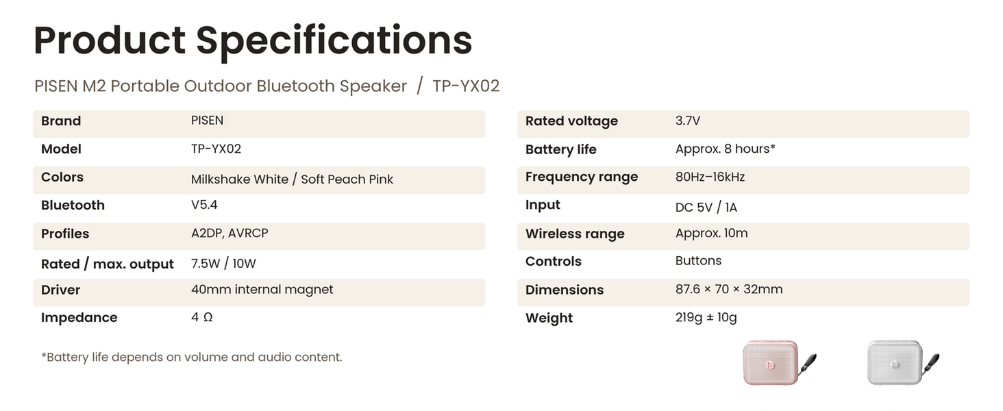 PISEN TP-YX02 outdoor Bluetooth speaker - speaker specification table