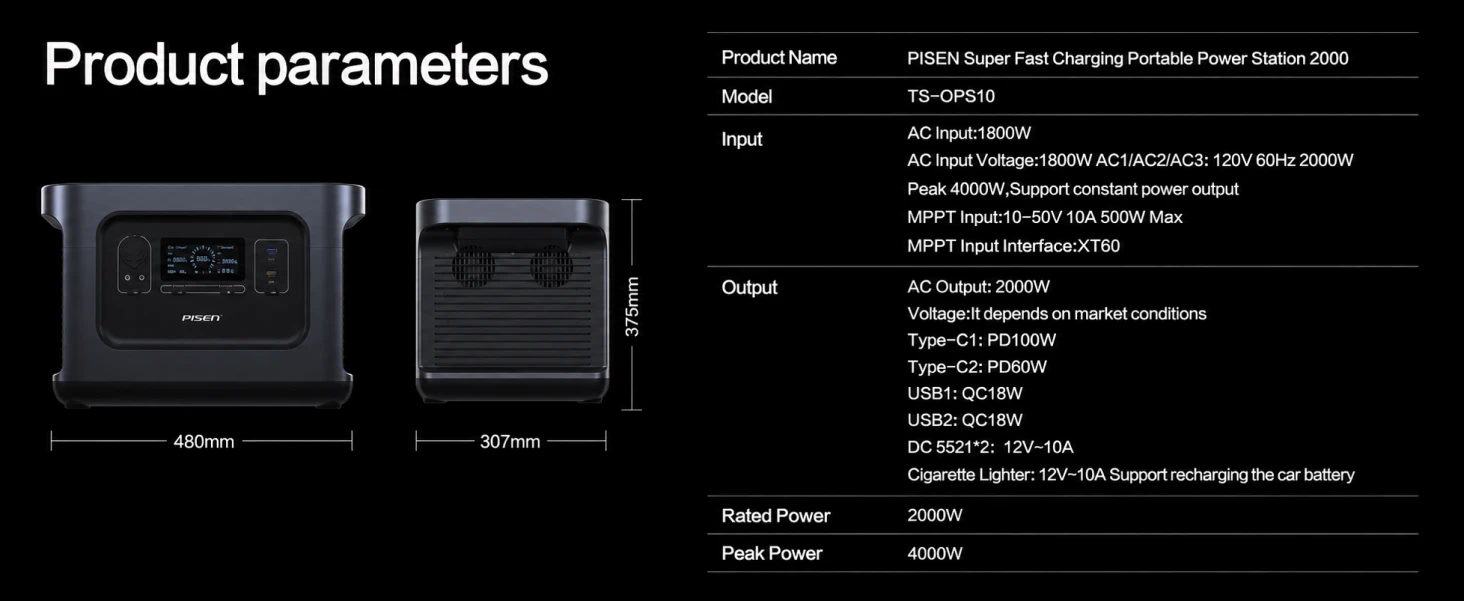 PISEN TS-OPS10 portable power station - power station parameter table