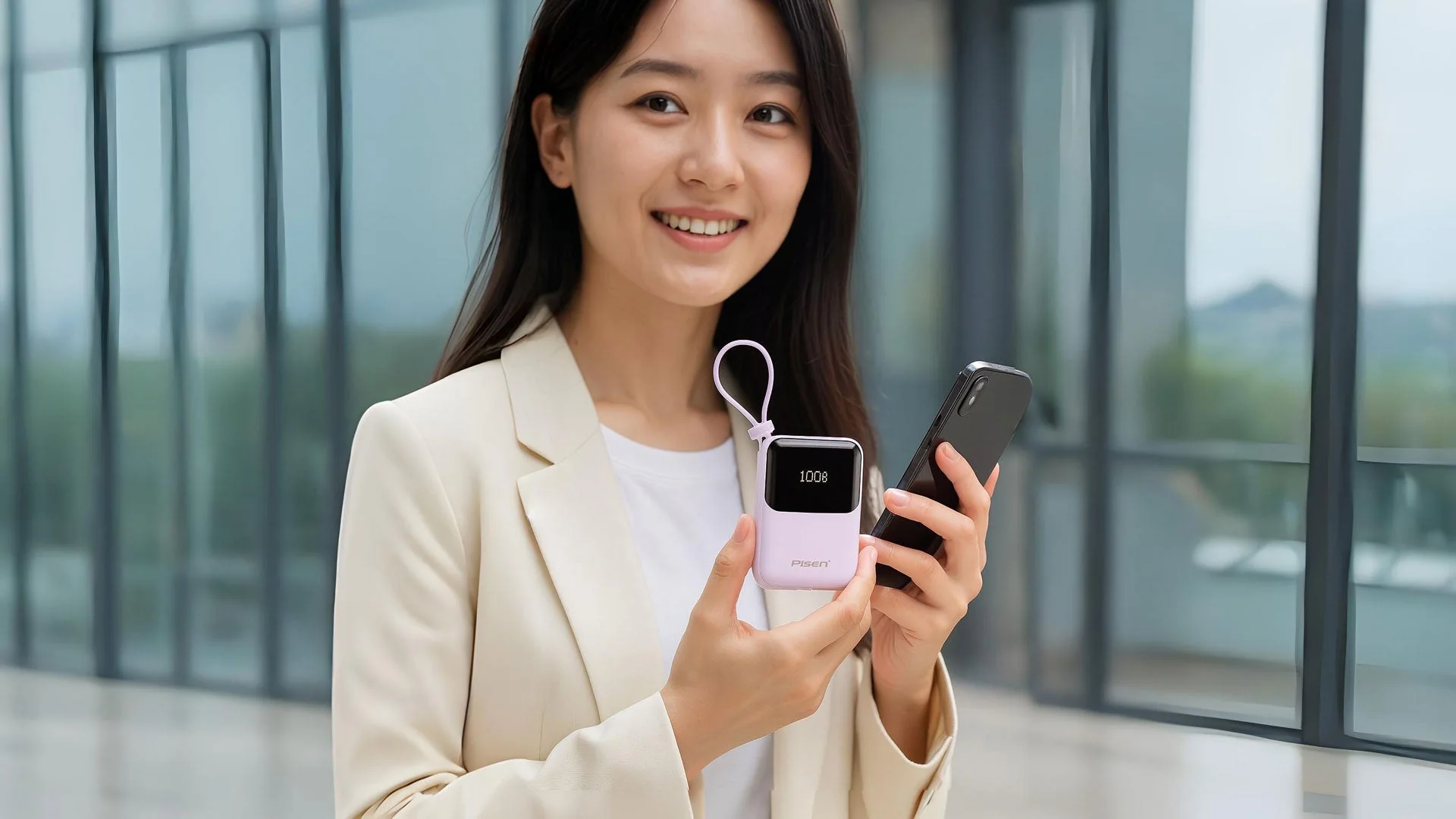 Retail customer holding a power bank beside a smartphone